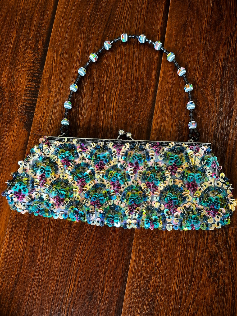Multicolor Sequin Beaded Evening Clutch - Turquoise & Pink